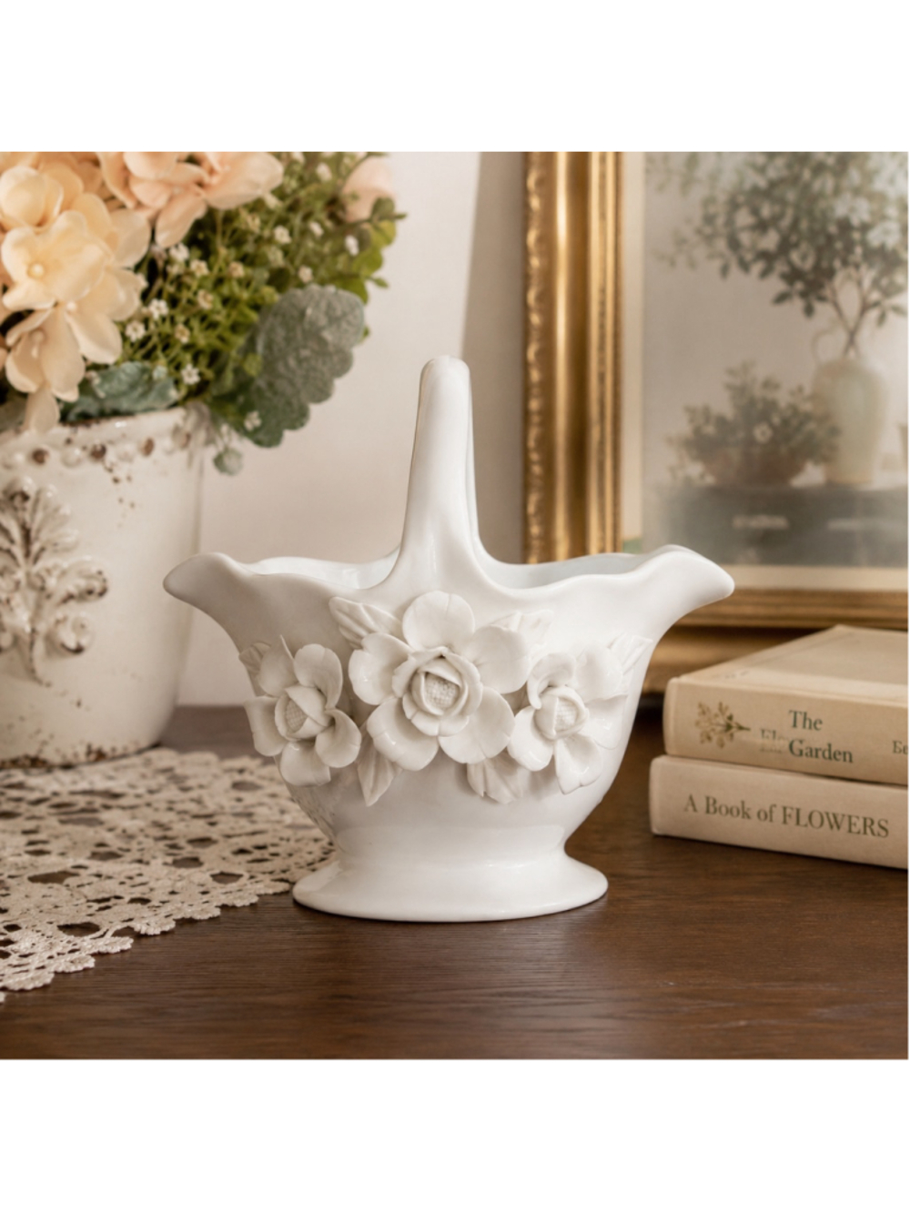 Antique Reflections White Porcelain Floral Basket Applied Flowers 5.5" Decor